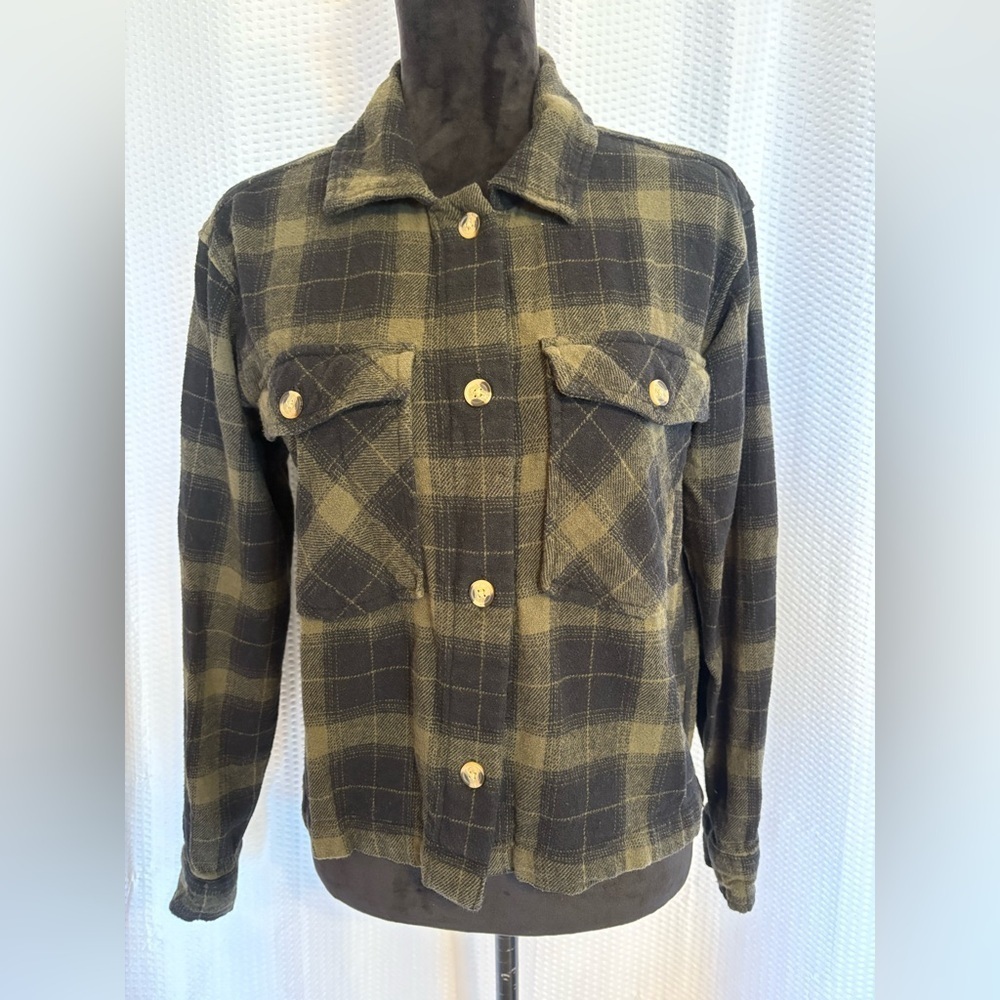Beach Lunch Lounge hunter green & black long sleeve cotton flannel shirt size XS